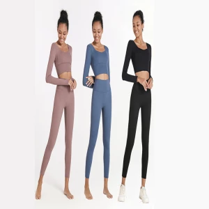 Solid color Gym Clothing For Women Workout High Waist Long sleeve Crop Top Legging Bra Seamless Fitness yoga set