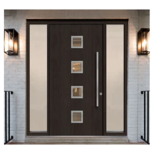 Luxury Modern Villa Main Entrance Wooden Pivot Door with Side Lite Design and Stained Glass for Villas