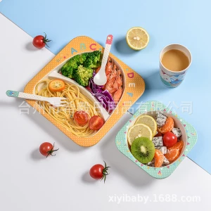 Bamboo fiber children tableware set creative cartoon bowl, plate, spoon, fork, cup, 5-piece gift tableware set