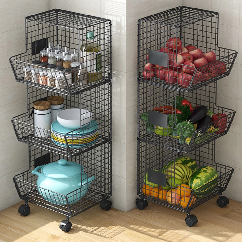Factory Supply Stackable Kitchen Vegetable Fruit Stand Food Bathroom Body Wash Storage Basket Cart Holder Organizer metal stand wire basket