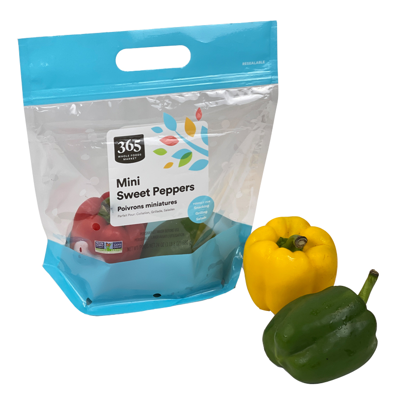 Food Grade Plastic 365 Mini Sweet Peppers Packaging Bag With Handle Stand Up Pouch Bag Air Hole 680g