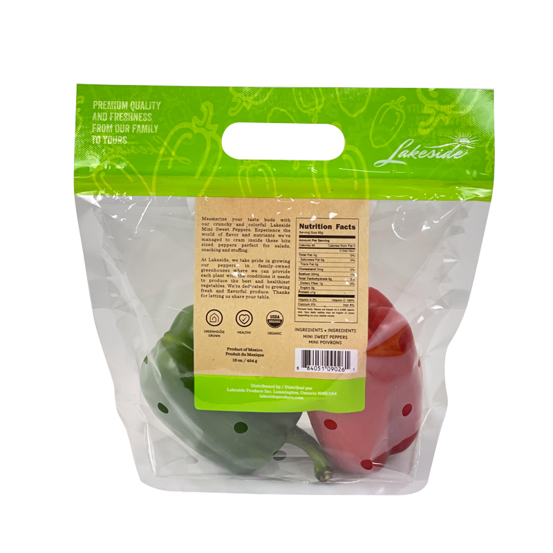 Lakeside Mini Sweet Peppers Packaging Bag Resealable Vent Holes Stand Up Zipper Pouch Fruit Vegetable Packaging Pouch