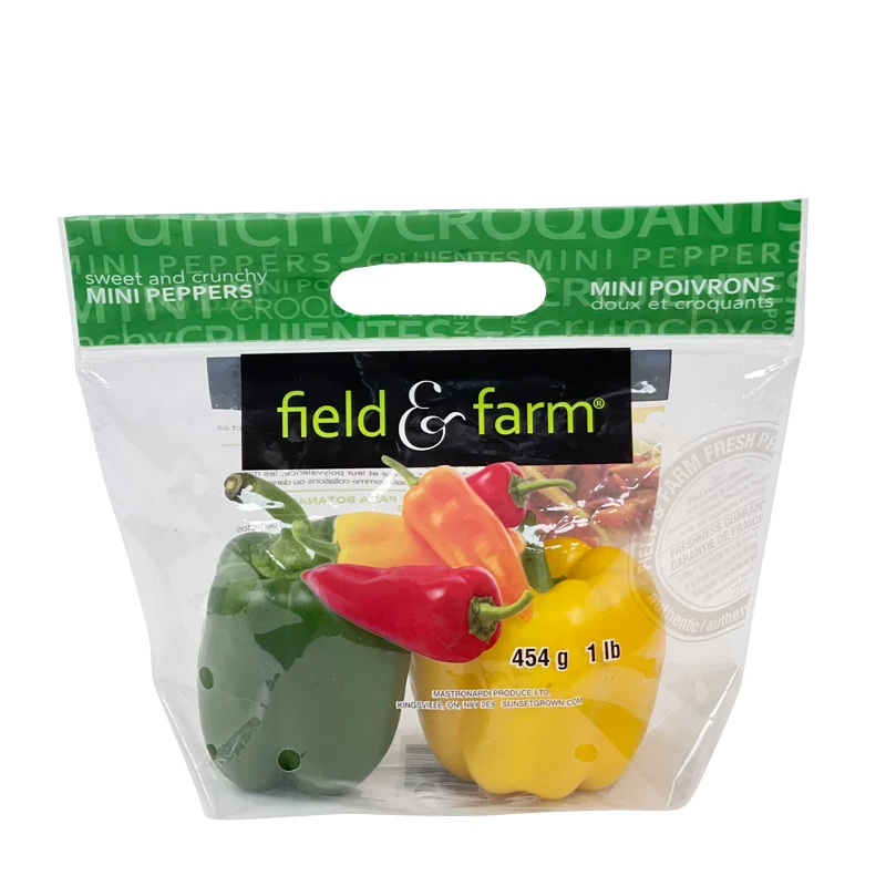 Field Farms Mini Peppers Packaging Bag 1LB 454g Hot Sale Anti-fog Handle Transparent Grape Cucumber Cherry Protection Vegetable Fruit Packing Bag