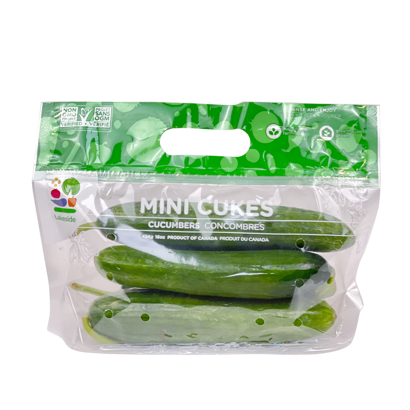 Lakeside Mini Baby Cuke Cucumbers Carry Handle Pouch With Air Holes Keeping Fresh Fruit Vegetables Snacks Foods Stand Up Plastic Custom Fruit Pouch Drink Packaging Pouch Bag With Handle Breathing Hole