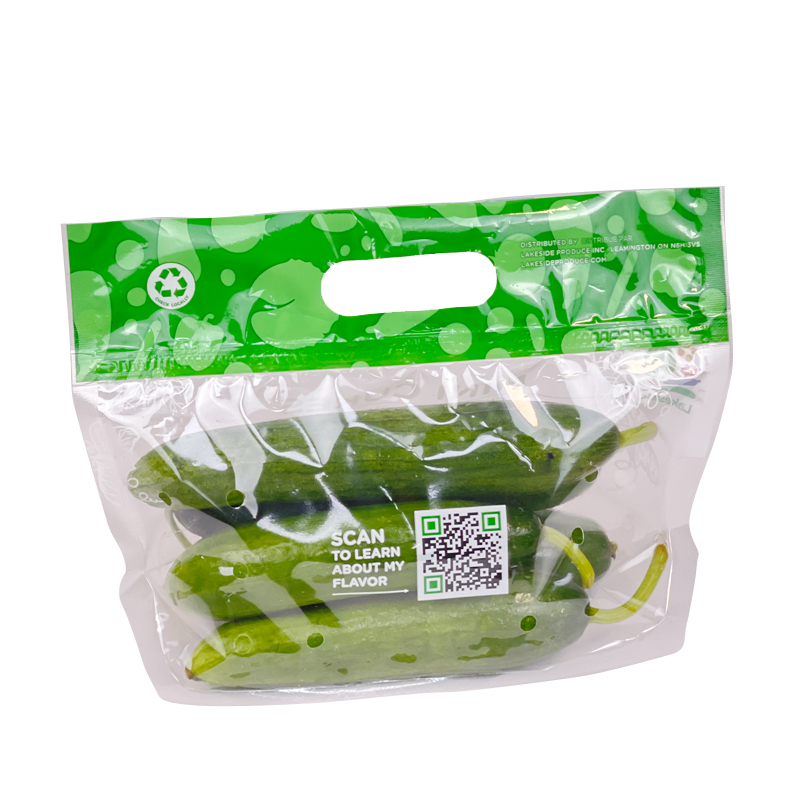 Lakeside Mini Baby Cuke Cucumbers Carry Handle Pouch With Air Holes Keeping Fresh Fruit Vegetables Snacks Foods Stand Up Plastic Custom Fruit Pouch Drink Packaging Pouch Bag With Handle Breathing Hole