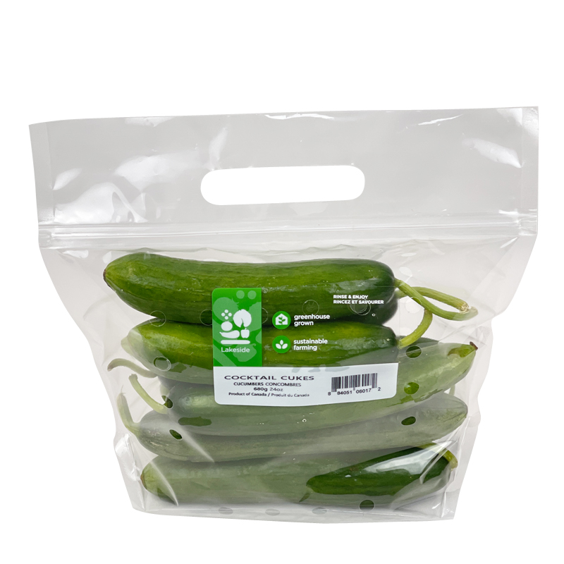 Lakeside Mini Baby Cucumbers Packaging Bag With Air Holes Free Samples Fruit Pouch VegetableTransparent Packaging Stand Up Bag With Handle
