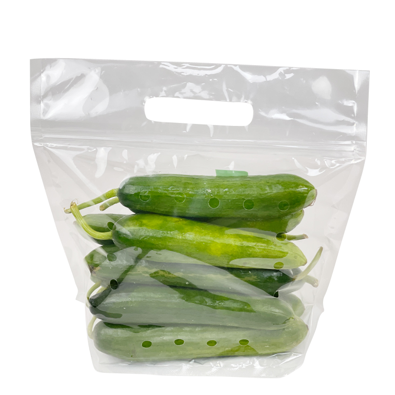 Lakeside Mini Baby Cucumbers Packaging Bag With Air Holes Free Samples Fruit Pouch VegetableTransparent Packaging Stand Up Bag With Handle