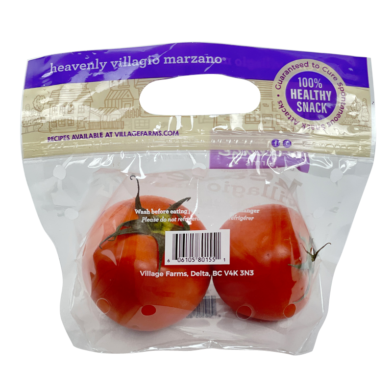 Village Farms Reclosable Can Stand Up For Shelf Presence Custom Logo Fruit Vegetable Fresh Keeping Food Packaging Bag With Hole Packaging Bag Supplier