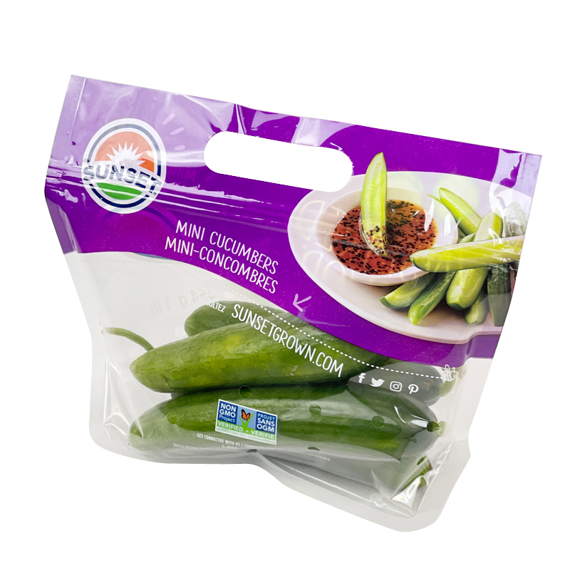 Sunset Mini Cucumber Packaging Bag 1lb Customized Plastic Stand Up Fruit Vegetable Ziplock Packaging Bag With Air Hole  For Apple Pear Cucumber Cherry Pepper Eggplant Tomato Potato