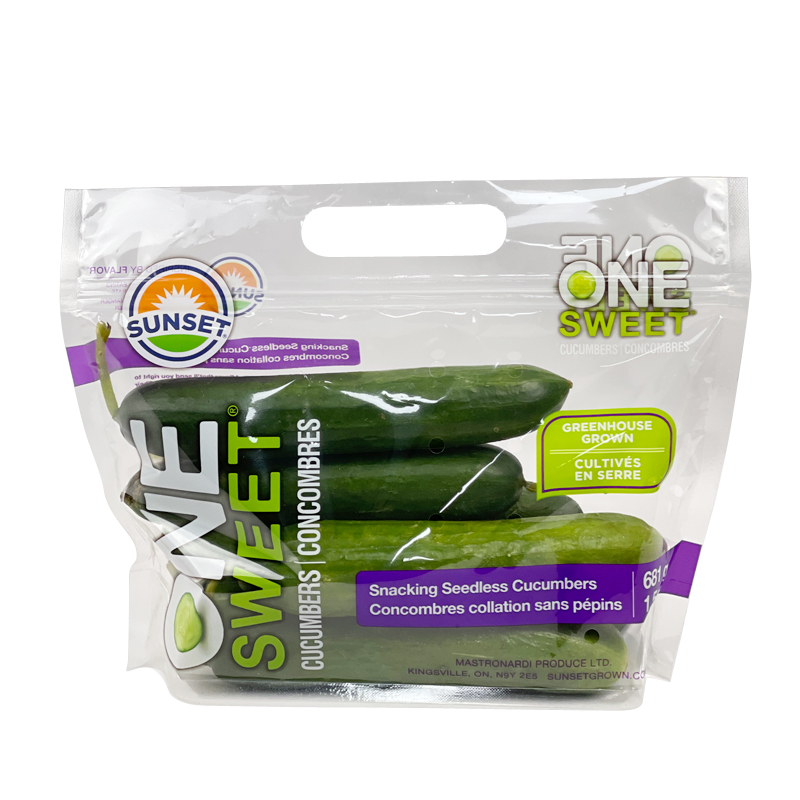 Sunset Mini Cucumber Packaging Bag 1.5lb Wholesale High Quality Fruit And Vegetable Stand Up Bag With Handle And Breathing Hole Zipper Bag For Apple Pear Cucumber Cherry Pepper Eggplant Tomato Potato