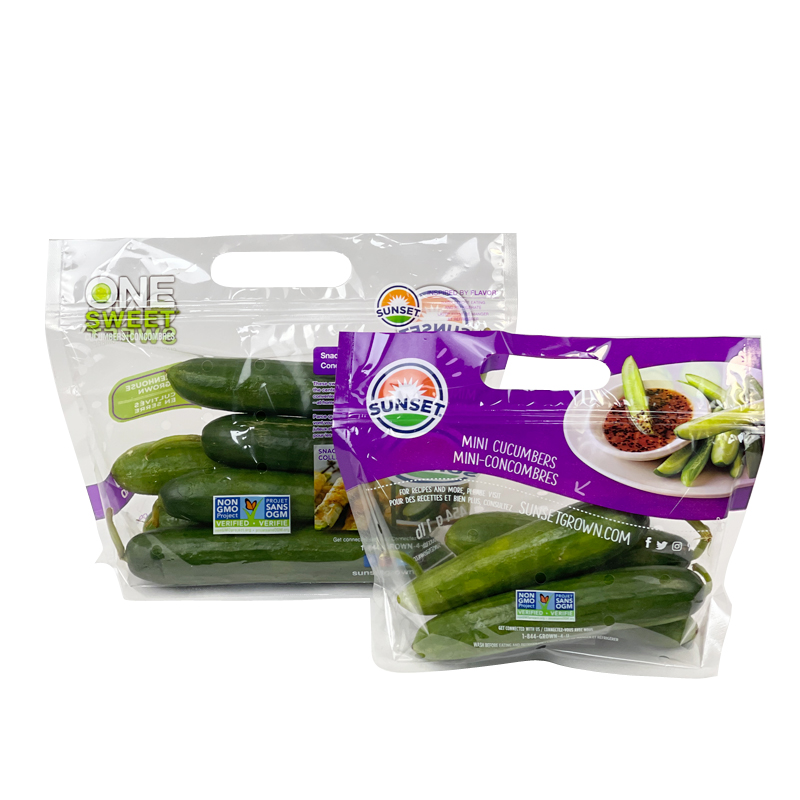 Sunset Mini Cucumber Packaging Bag 1.5lb Wholesale High Quality Fruit And Vegetable Stand Up Bag With Handle And Breathing Hole Zipper Bag For Apple Pear Cucumber Cherry Pepper Eggplant Tomato Potato