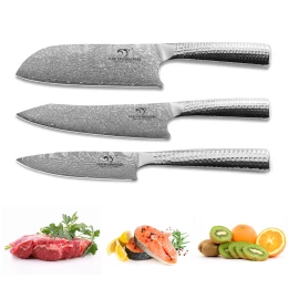 3 Pieces Damascus Steel Chef Kitchen Cookware Knife Set with Hammer Hollow Handle