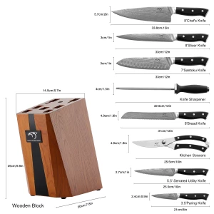 9 Pieces Super Sharp Damascus Steel Kitchen Knives Chef Knife Set with Wooden Block