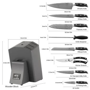 Top Sellers 9 Pieces Damascus Steel High Carbon Kitchen Knives Set with Wooden Knife Block