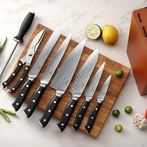 9 Pieces Super Sharp Damascus Steel Kitchen Knives Chef Knife Set with Wooden Block