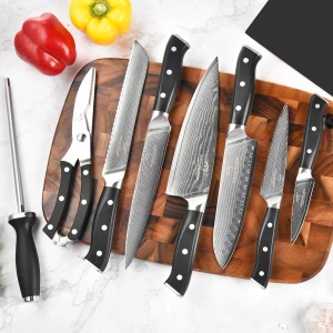 Damascus Steel Kitchen Knives in High Quality 9 Pieces Kitchen Knives Set with Black Wooden Block