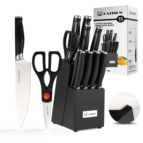 15 Pieces Professional Kitchen Chef Knives Set Stainless Steel Knives with Wooden Knife Holder and Cutlery Gift