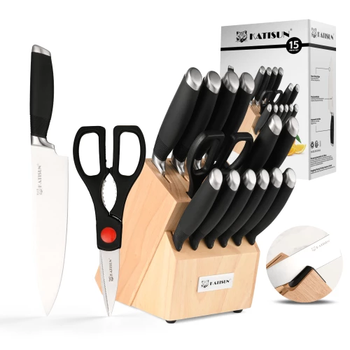 15 Pieces Stainless Steel Knives Choice for Kitchen Restaurant Knife Set with Wooden Knives Block