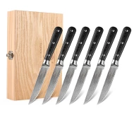 6 Pieces Damascus Steel Meat Slicing Knife Kitchen Serrated Steak Knives with Wooden Box