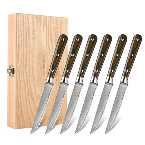 Table Serrated Blade Utility Steak Knife Set Premium Damascus Steel Kitchen Knife 6 Pieces Chef Knife Set for Home