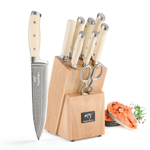 9 Pieces Handmade 67 Layers Damascus VG-10 Steel White ABS Handle Kitchen Knife Set with Wooden Block