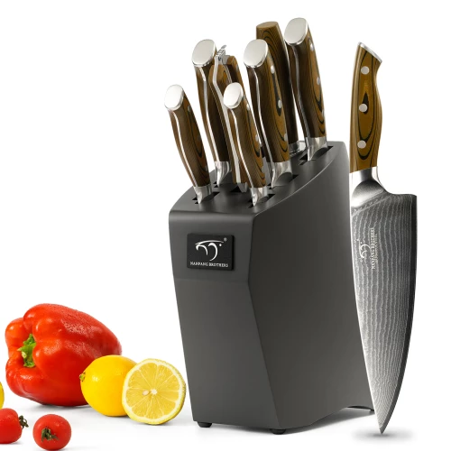 9 Pieces Damascus Wholesales Kitchen Chef Knife Sets with wood knife blocks G10 