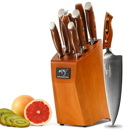 9 Pieces G10 Handle Damascus Wholesale Kitchen Chef Knife Sets with Wood Knife Block