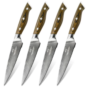 6 Pieces Damascus Steel Kitchen Knives Professional Serrated Steak Knife Set with G10 Handle