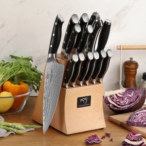 15 Pieces Kitchen Knife Set Damascus VG-10 Steel High Carbon Chef Kitchen Knife Set with Wooden Block