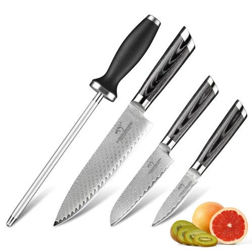 4-Piece Damascus Kitchen Knife Set with gift box, Ergonomic Wooden Handle Knives, Knife Sharpener and Kitchen Shears