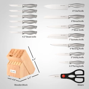 15 Pieces High Quality Kitchen Knife Set Stainless Steel with Wooden Knife Holder