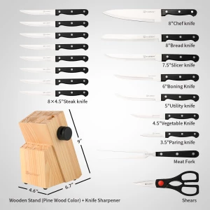 Professional 19 Pieces High Quality Stainless Steel Kitchen Chef Knife Set with Wooden Knife Block and Fork