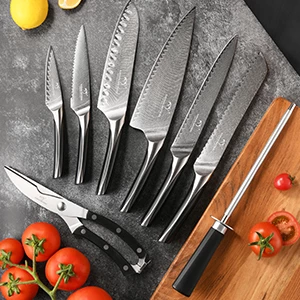 9 Pieces High Carbon Knives Set Damascus Steel Kitchen Knives Set with Wooden Knife Holder