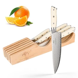 6 Pieces Damascus Steel Knife Set Professional Kitchen Knives Knife Set with Bamboo Drawer Block