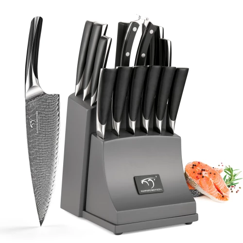 15 Pieces Damascus Steel VG10 Multifunctional Kitchen Knives Set with Wooden Knife Block
