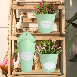 Embossed and labeled garden set iron pot metal bucket hanging flowerpot for wall farmhouse home decoration