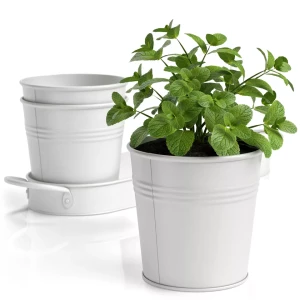 Garden & home planter herb plants decorative powder coated white 3PCS metal flower bucket pots with tray