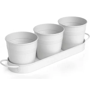 Garden & home planter herb plants decorative powder coated white 3PCS metal flower bucket pots with tray