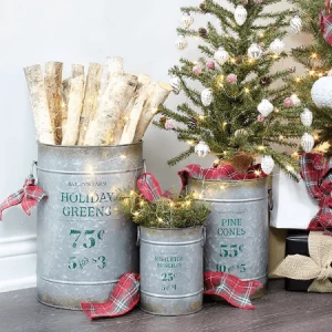 Christmas Gift Galvanized Greenery Pine Cones Metal Buckets Set of 3 Farmhouse Decor Galvanized Canister Firewood Basket