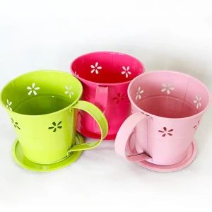 Tea Cup Metal Flower Pot Pink Galvanized Coffee And Saucer For Home Garden Modern Decorative