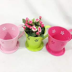 Tea Cup Metal Flower Pot Pink Galvanized Coffee And Saucer For Home Garden Modern Decorative