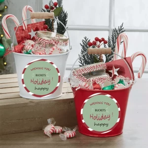 Wholesale Custom Holly Jolly Personality Red Metallic Christmas Gift Bucket Metal Bucket Handle