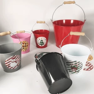 Wholesale Custom Holly Jolly Personality Red Metallic Christmas Gift Bucket Metal Bucket Handle