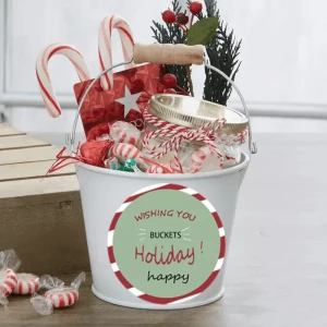 Wholesale Custom Holly Jolly Personality Red Metallic Christmas Gift Bucket Metal Bucket Handle