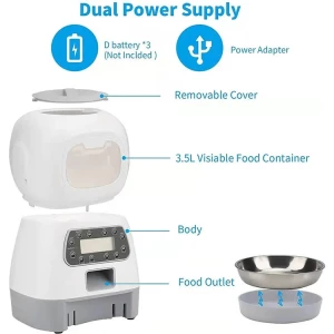 3.5L Timed Automatic Dog Feeder with Dual Power Supply, 4 Meals Daily with Portion Control, Automatic Pet Food Dispenser with Timer for Small Medium Dog & Cat