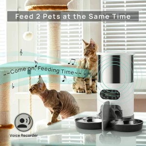 Stainless Steel Automatic Cat Feeders with 2 Slow Feeder, 4.5L Timed Cat Food Dispenser for 2 Cats & Dogs, Pet Feeder with 2-Way Splitter, Meals Portion Control,Voice Recorder,Dual Power