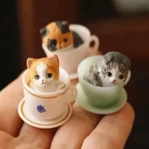 Toy Manufactory Custom Made Mini Cartoon Serial Polystone Figures Oem Cat In Tea Cup Figure Resin Toy Miniature Kawaii Toys