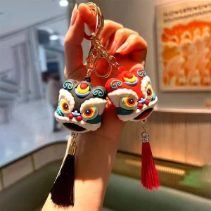 Chinese style open luck Lion PVC soft rubber Keychain dance lion key chains couple gift bag pendant lion keyring Dragon keychain