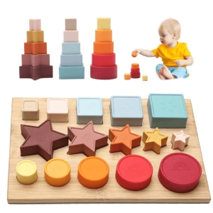 Silicone Geometry Stacking Toy Kids Montessori Toys Pré-escolar Early Learning Brinquedos Educativos para Bebês Crianças