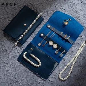 WEIMEI blue Travel Jewelry Organizer Roll Bag Fold-able Jewelry Storage PU Leather Portable Jewelry Storage Holder Bag